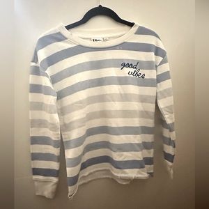 “Good Vibes” White Sweatshirt with Blue Stripes Size XS!